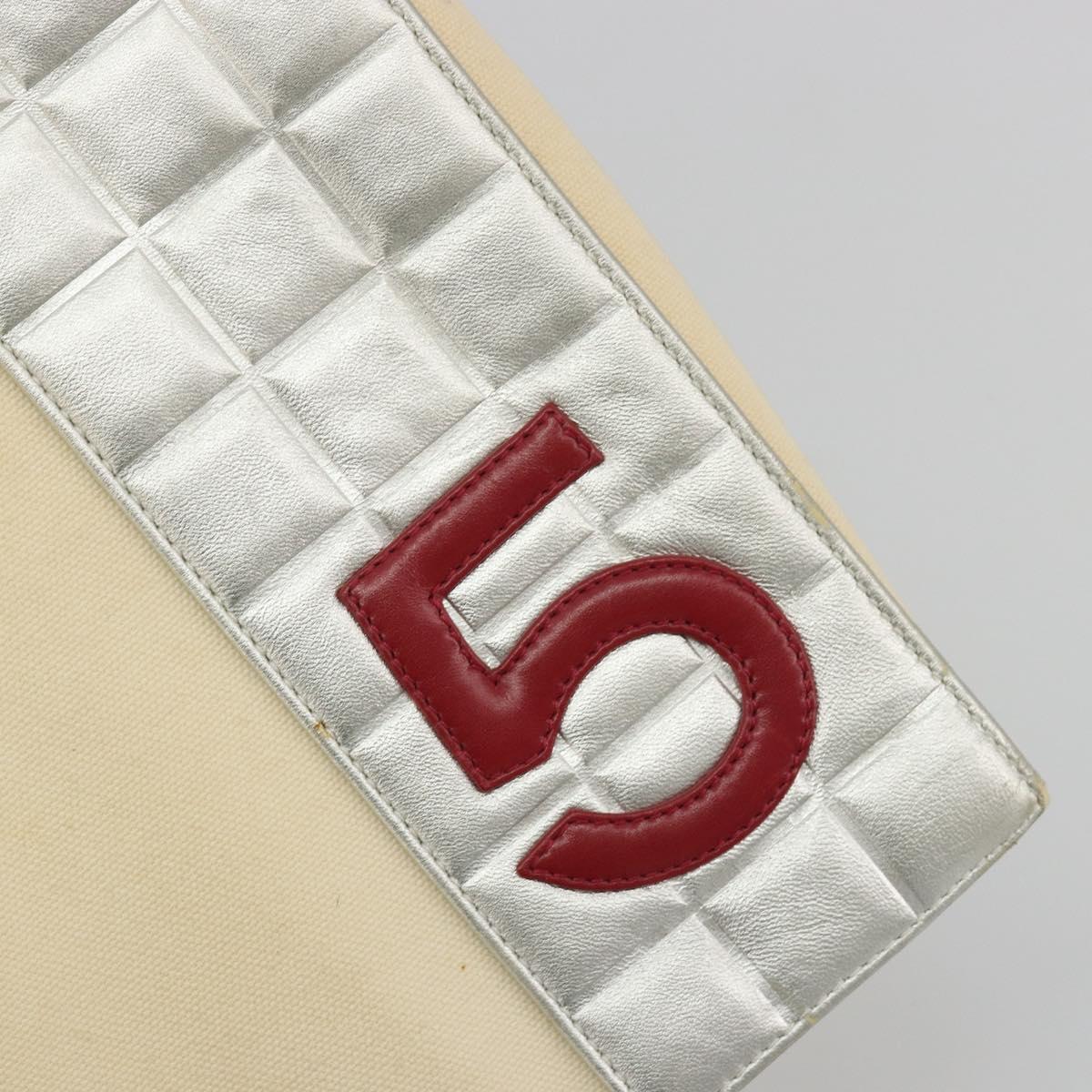 CHANEL Choco Bar Chain Shoulder Tote Bag Canvas Beige Silver CC Auth 195335A