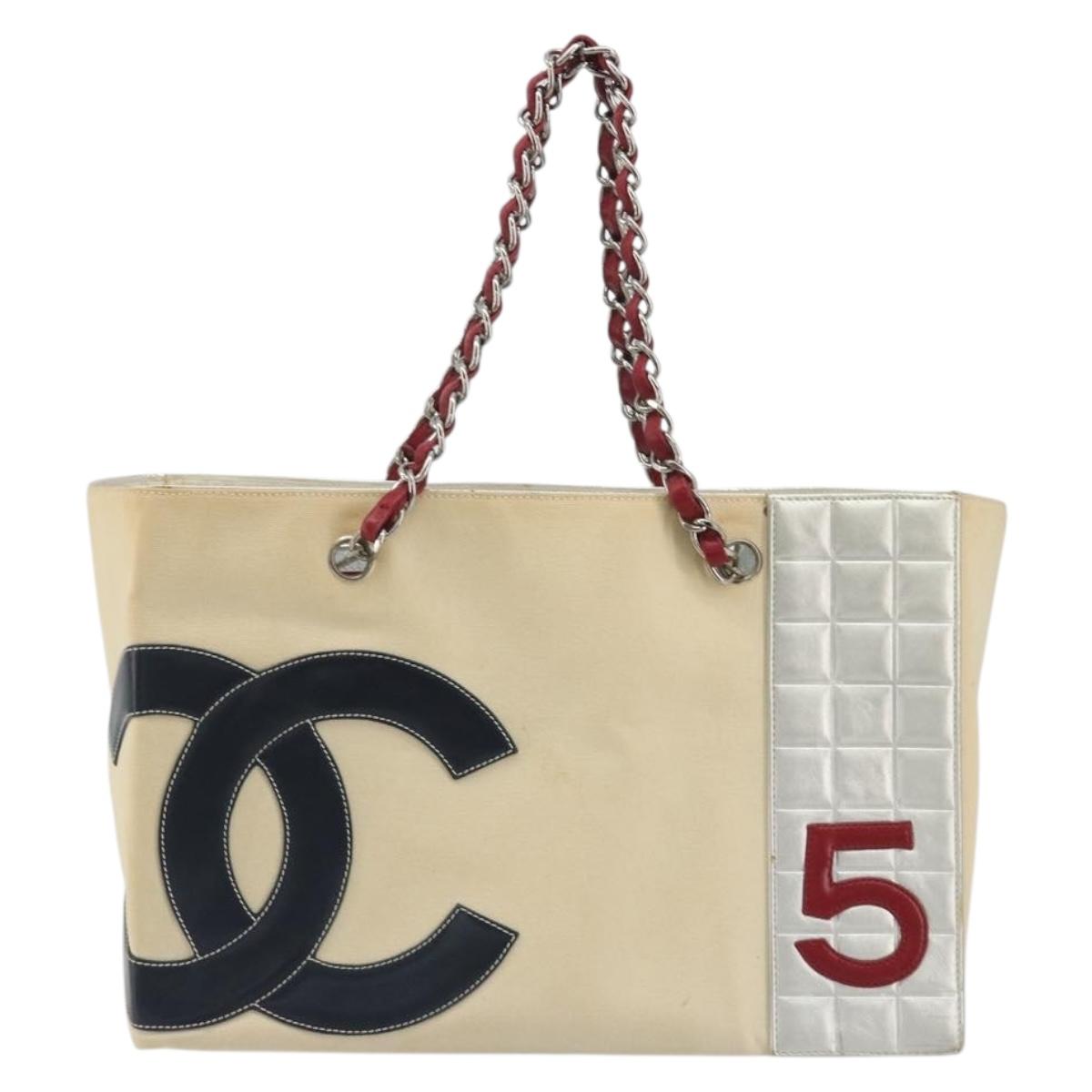 CHANEL Choco Bar Chain Shoulder Tote Bag Canvas Beige Silver CC Auth 195335A