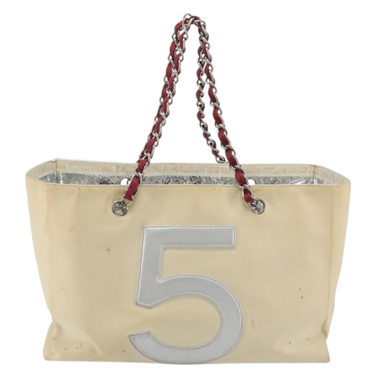 CHANEL Choco Bar Chain Shoulder Tote Bag Canvas Beige Silver CC Auth 195335A