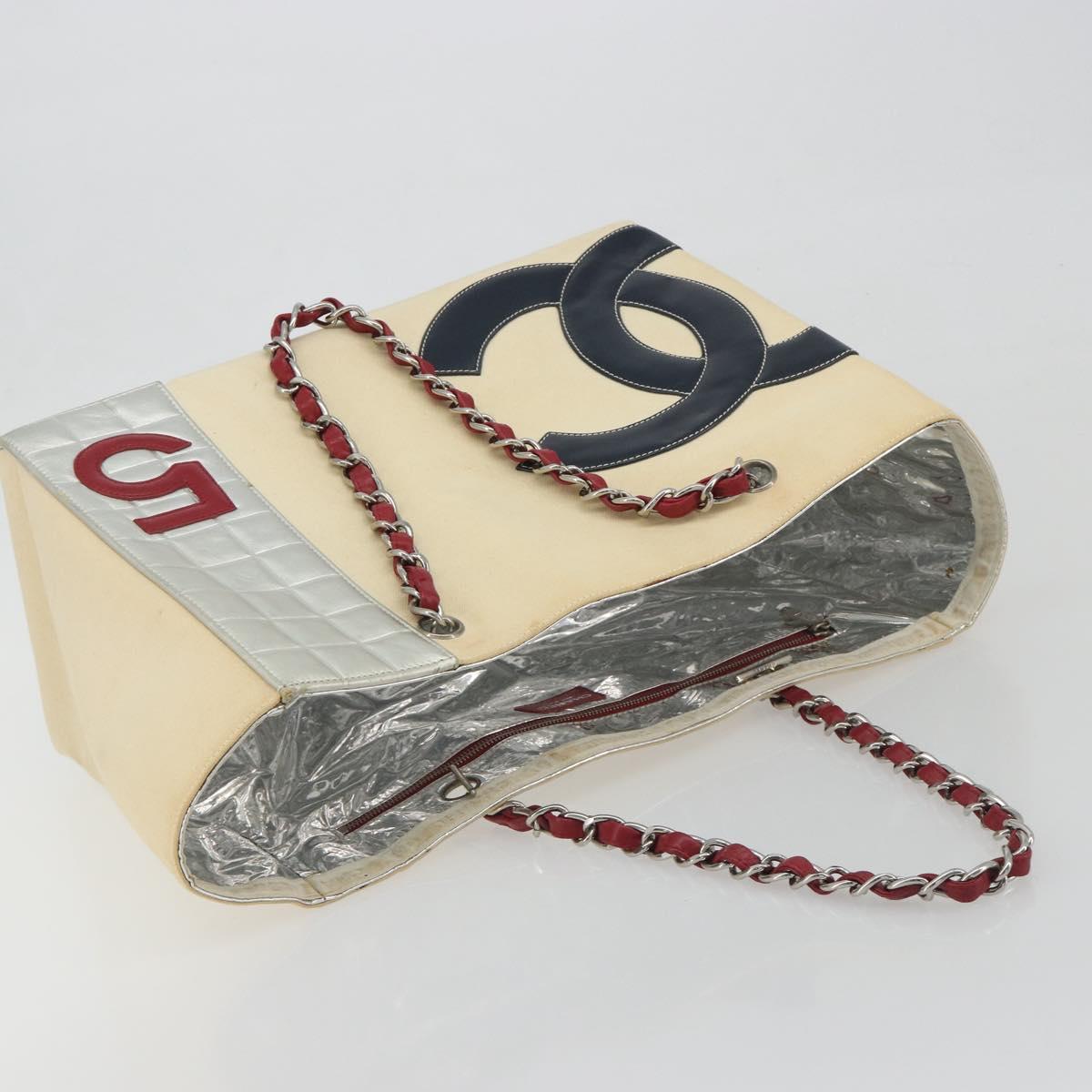 CHANEL Choco Bar Chain Shoulder Tote Bag Canvas Beige Silver CC Auth 195335A