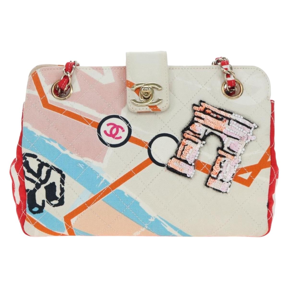 CHANEL Matelasse Chain Shoulder Bag Canvas Multicolor Gold CC Auth 195337SM