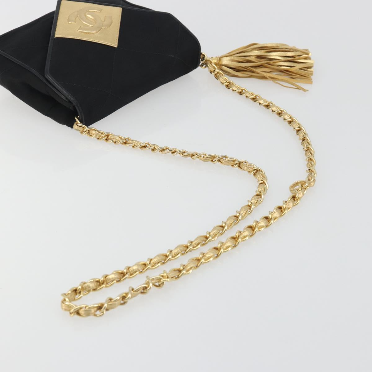 CHANEL Matelasse Chain Shoulder Bag Satin Black Gold CC Auth 195338A