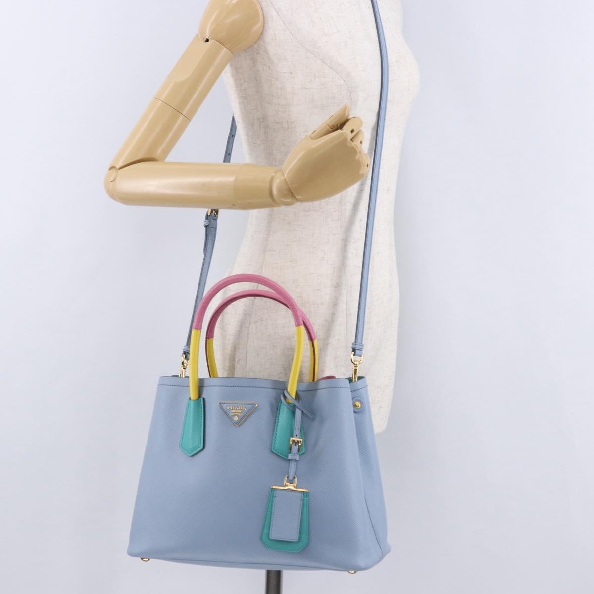 PRADA Hand Bag Saffiano 2way Light Blue Gold Tone Auth 195344M