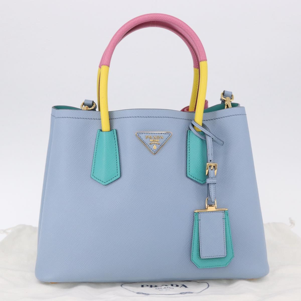 PRADA Hand Bag Saffiano 2way Light Blue Gold Tone Auth 195344M