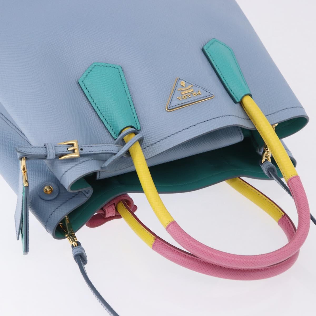 PRADA Hand Bag Saffiano 2way Light Blue Gold Tone Auth 195344M
