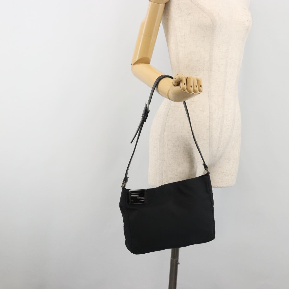 FENDI Shoulder Bag Nylon Black Silver Auth 195365A