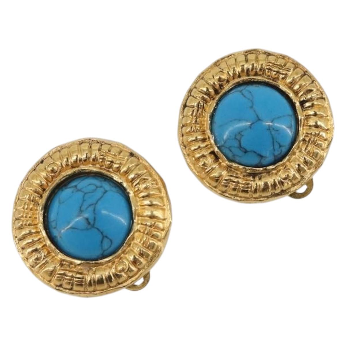 CHANEL Earring Metal Gold Tone Blue CC Auth 195370