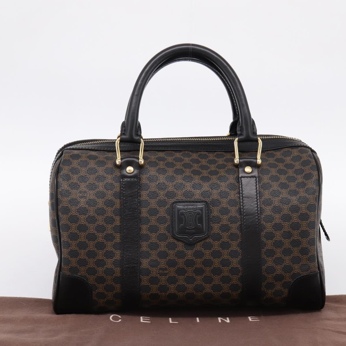 CELINE Macadam Canvas Boston Bag PVC Leather Black Gold Auth 195373V