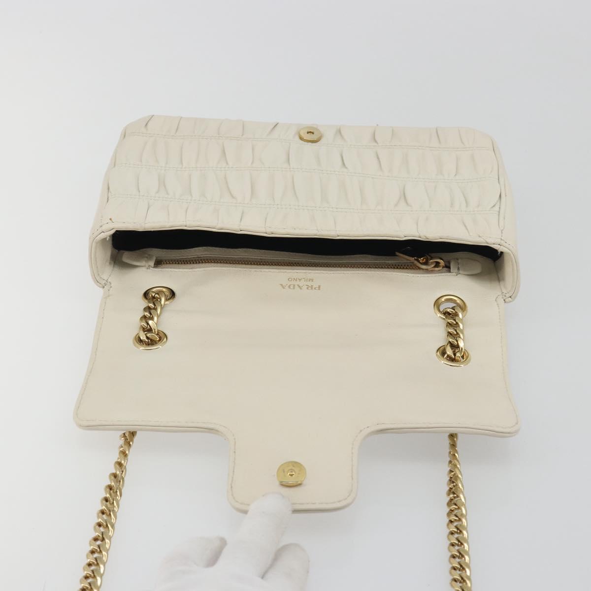 PRADA Gathered Chain Shoulder Bag Leather White Gold Tone Auth 195375V