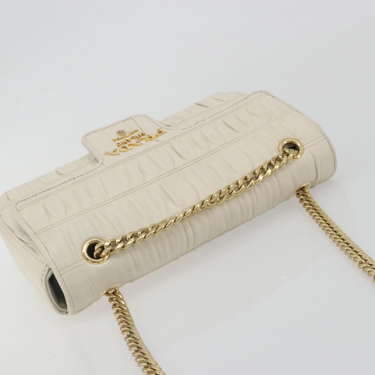 PRADA Gathered Chain Shoulder Bag Leather White Gold Tone Auth 195375V