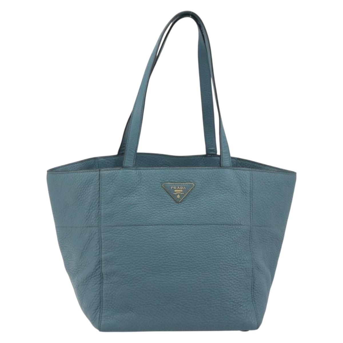 PRADA Tote Bag Leather Light Blue Gold Tone Auth 195376V