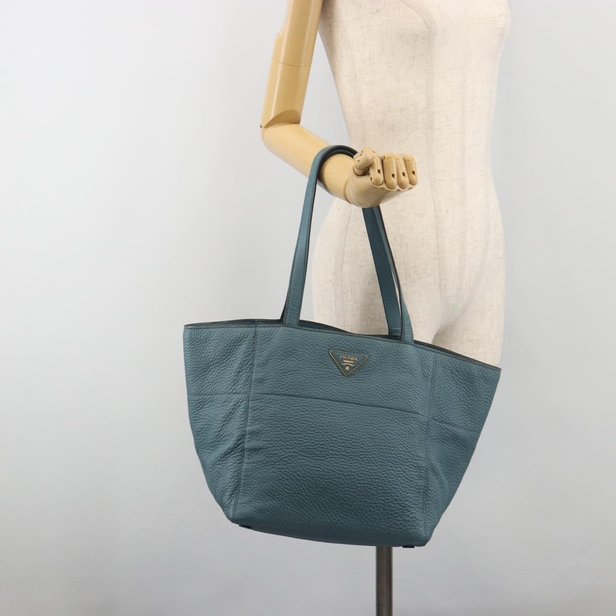 PRADA Tote Bag Leather Light Blue Gold Tone Auth 195376V