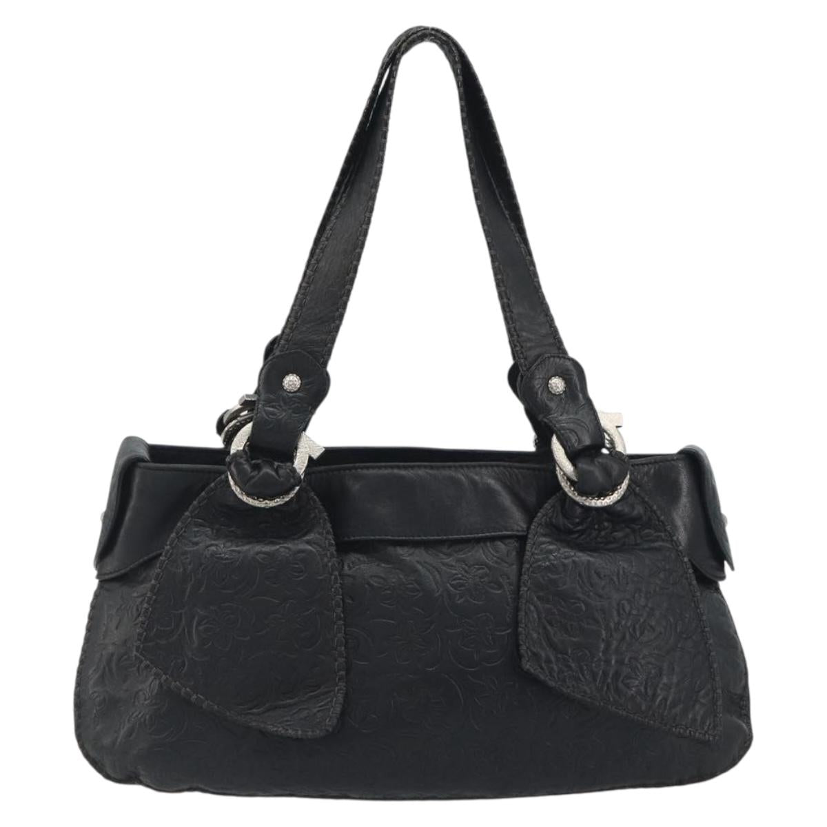 Salvatore Ferragamo Gancini Tote Bag Leather Black Silver Auth 195388A