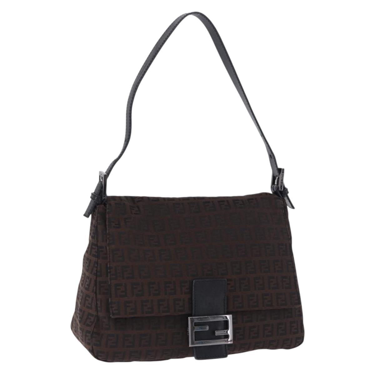 FENDI Zucchino Canvas Mamma Baguette Shoulder Bag Brown Silver Auth 195389V
