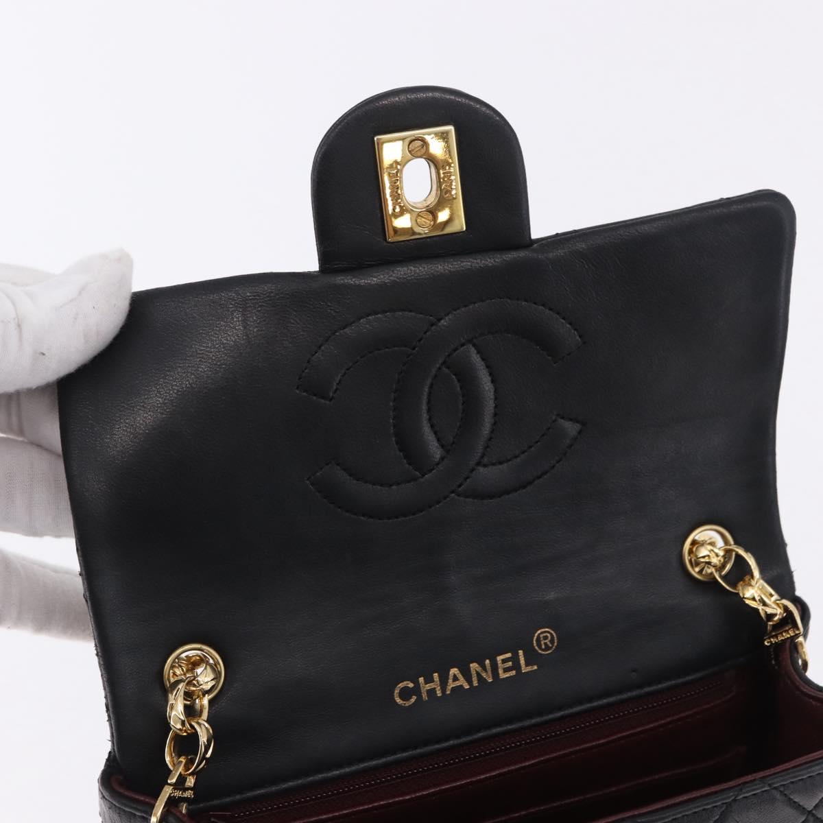 CHANEL Chain Mini Matelasse Shoulder Bag Lamb Skin Black Gold CC Auth 195391SAV