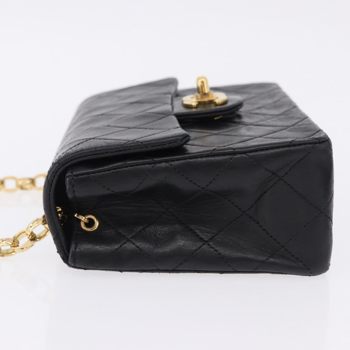 CHANEL Chain Mini Matelasse Shoulder Bag Lamb Skin Black Gold CC Auth 195391SAV