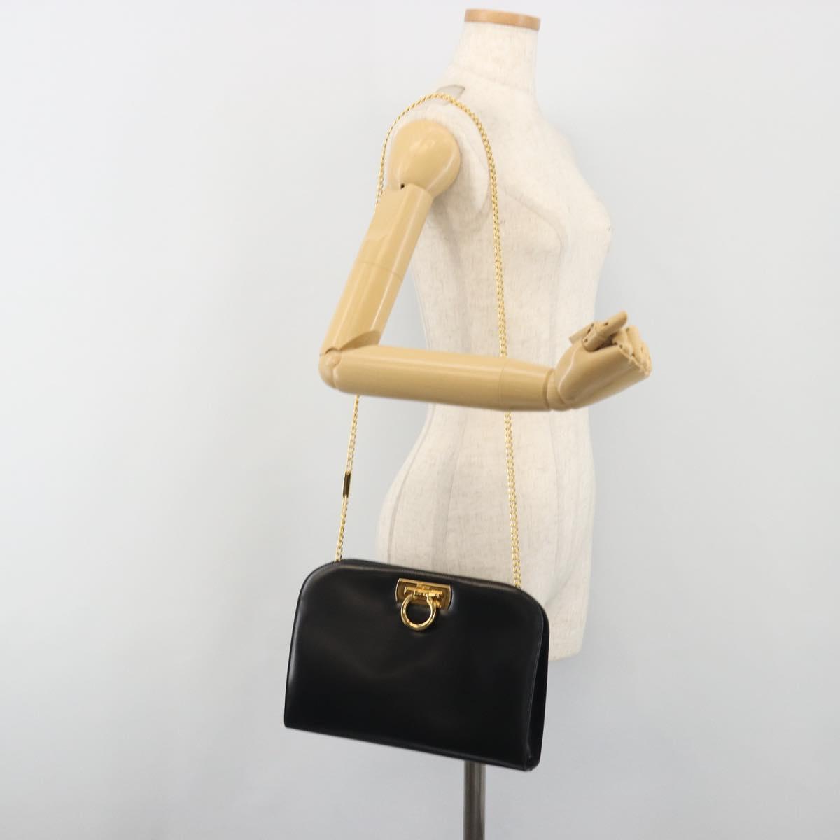 Salvatore Ferragamo Gancini Chain Shoulder Bag Leather Black Gold Auth 195422