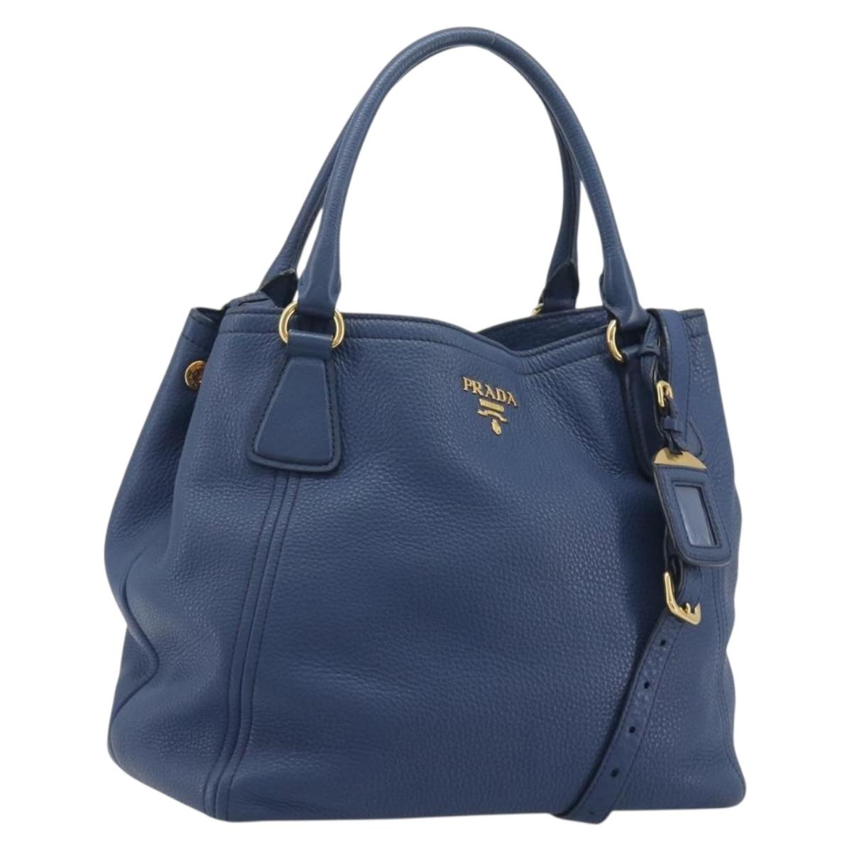 PRADA Hand Bag Leather 2way Blue Gold Tone Auth 195424V