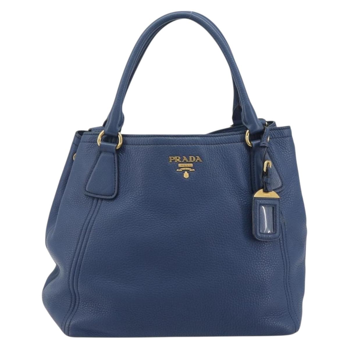 PRADA Hand Bag Leather 2way Blue Gold Tone Auth 195424V