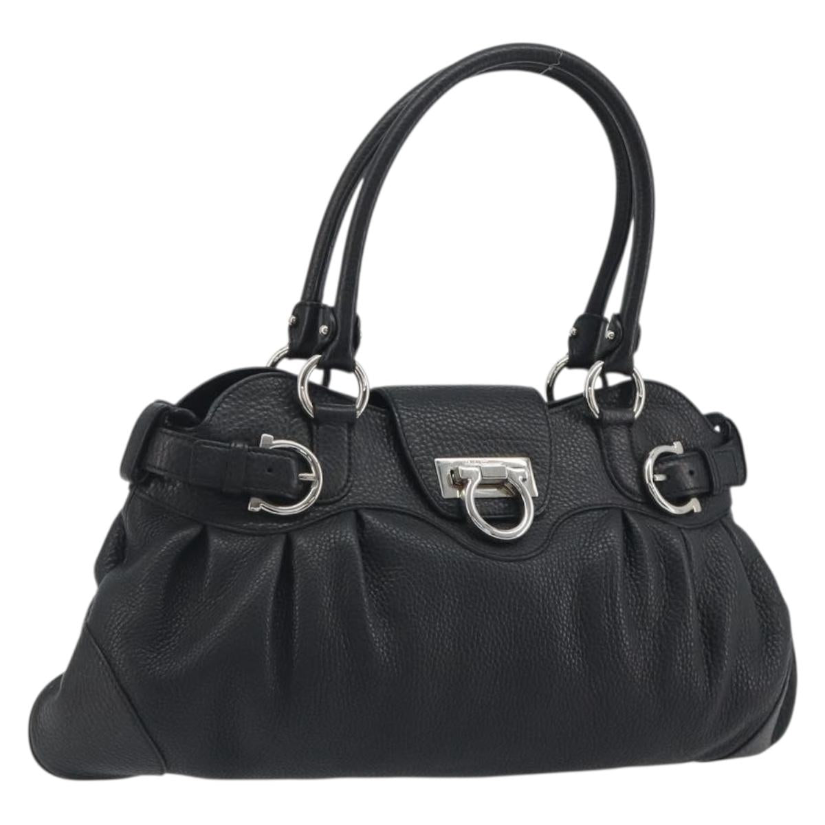 Salvatore Ferragamo Gancini Hand Bag Leather Black Silver Auth 195444V