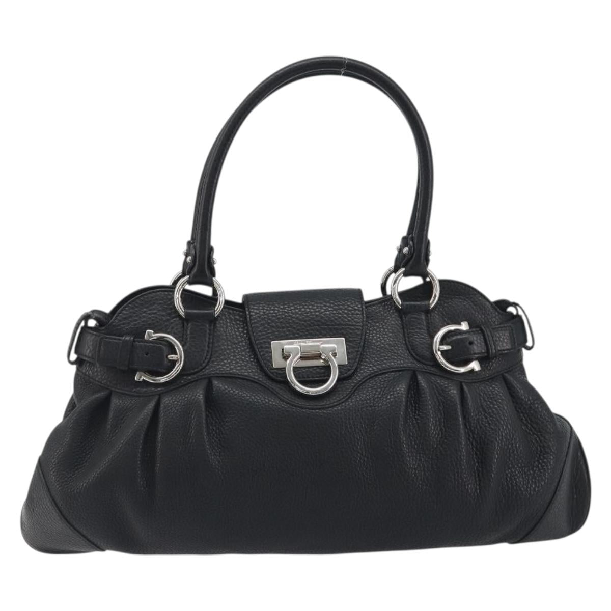 Salvatore Ferragamo Gancini Hand Bag Leather Black Silver Auth 195444V