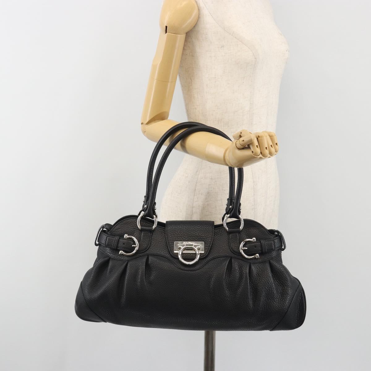 Salvatore Ferragamo Gancini Hand Bag Leather Black Silver Auth 195444V