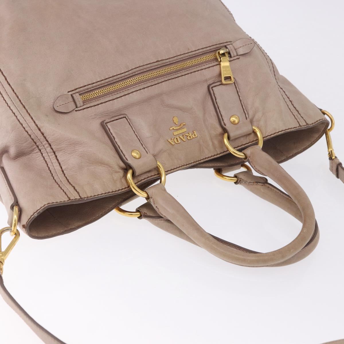 PRADA Hand Bag Leather 2way Beige Gold Tone Auth 195488