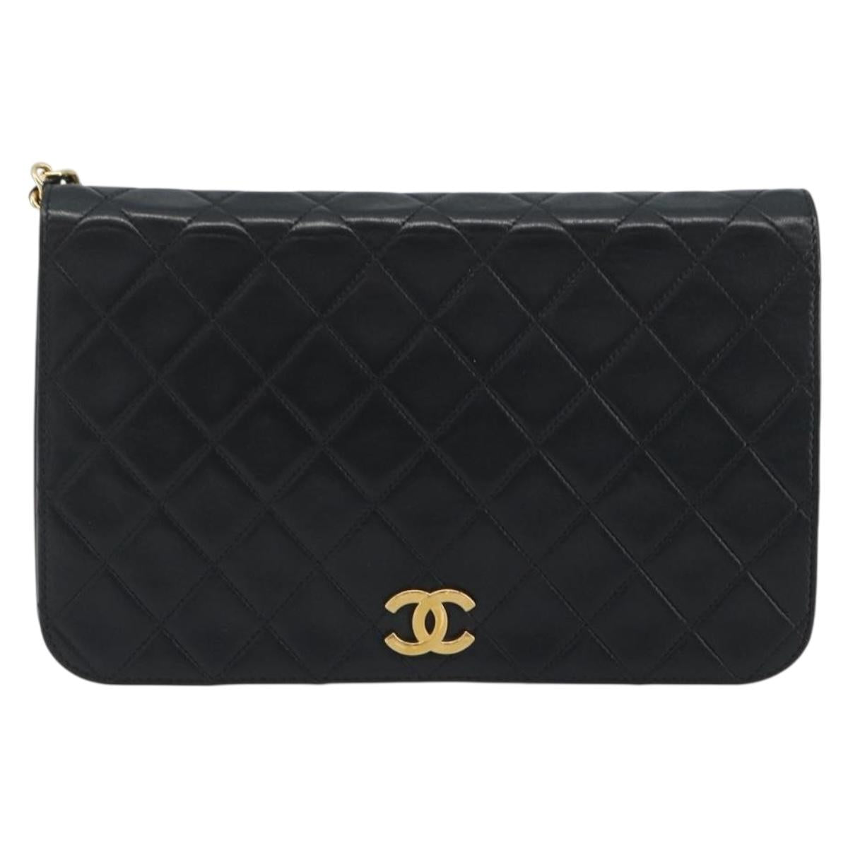 CHANEL Matelasse Chain Shoulder Bag Lamb Skin Black Gold Tone CC Auth 195492