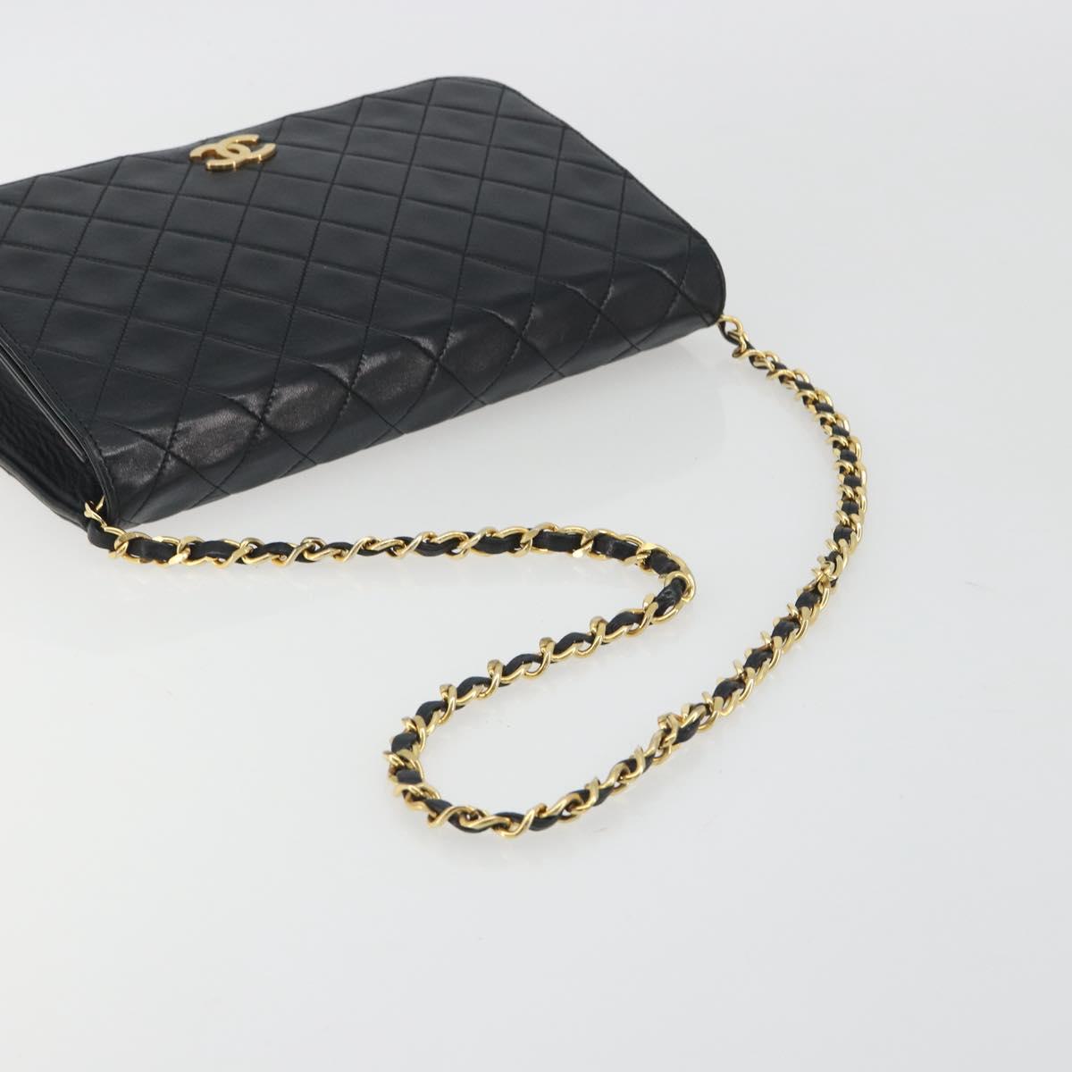 CHANEL Matelasse Chain Shoulder Bag Lamb Skin Black Gold Tone CC Auth 195492