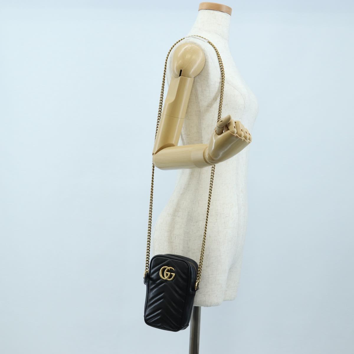 GUCCI GG Marmont Chain Shoulder Bag Leather Black Gold Tone 598597 Auth 195493V
