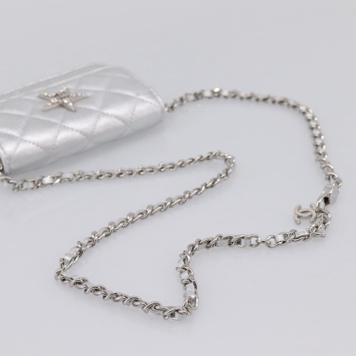 CHANEL Chain Shoulder Pouch Matelasse Leather Silver CC Auth 195507M