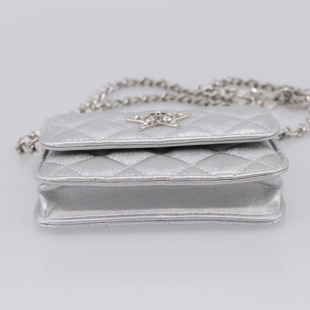 CHANEL Chain Shoulder Pouch Matelasse Leather Silver CC Auth 195507M