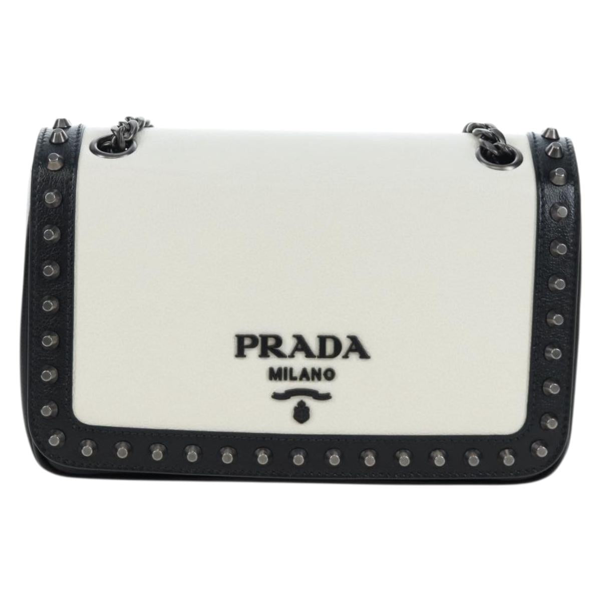 PRADA Chain Shoulder Bag Leather White Silver Auth 195508V