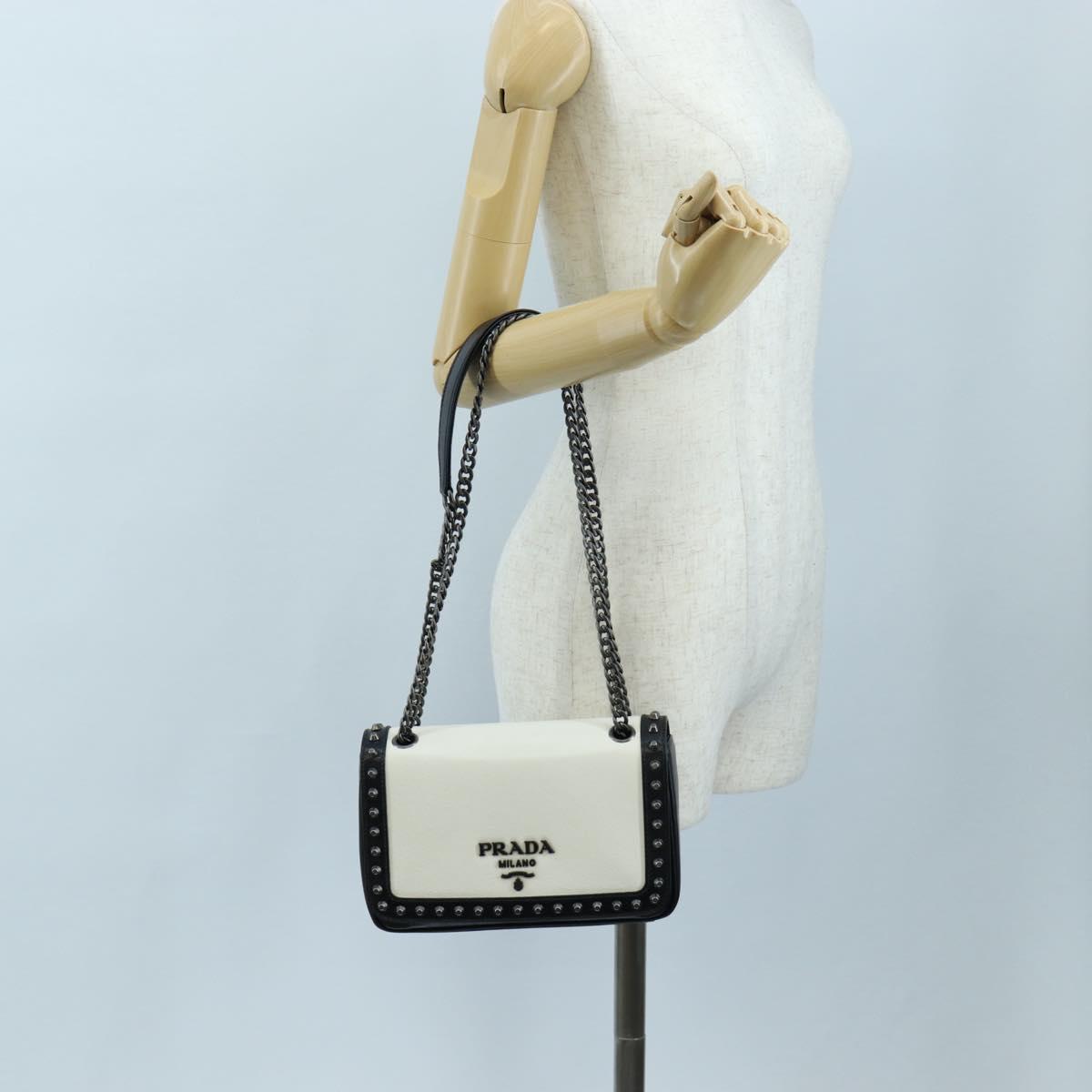 PRADA Chain Shoulder Bag Leather White Silver Auth 195508V