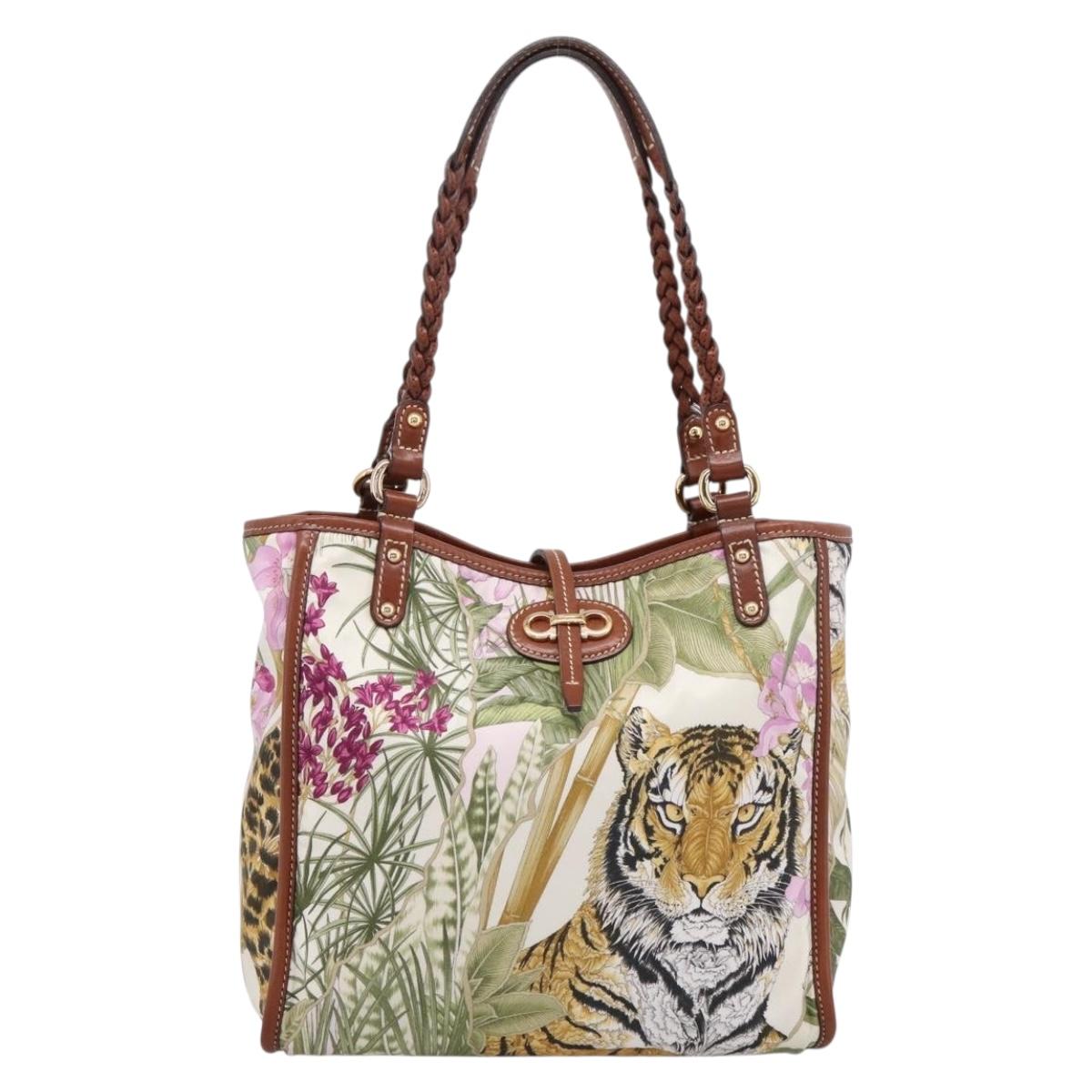 Salvatore Ferragamo Gancini Reversible Tote Bag Nylon Beige Gold Auth 195514A
