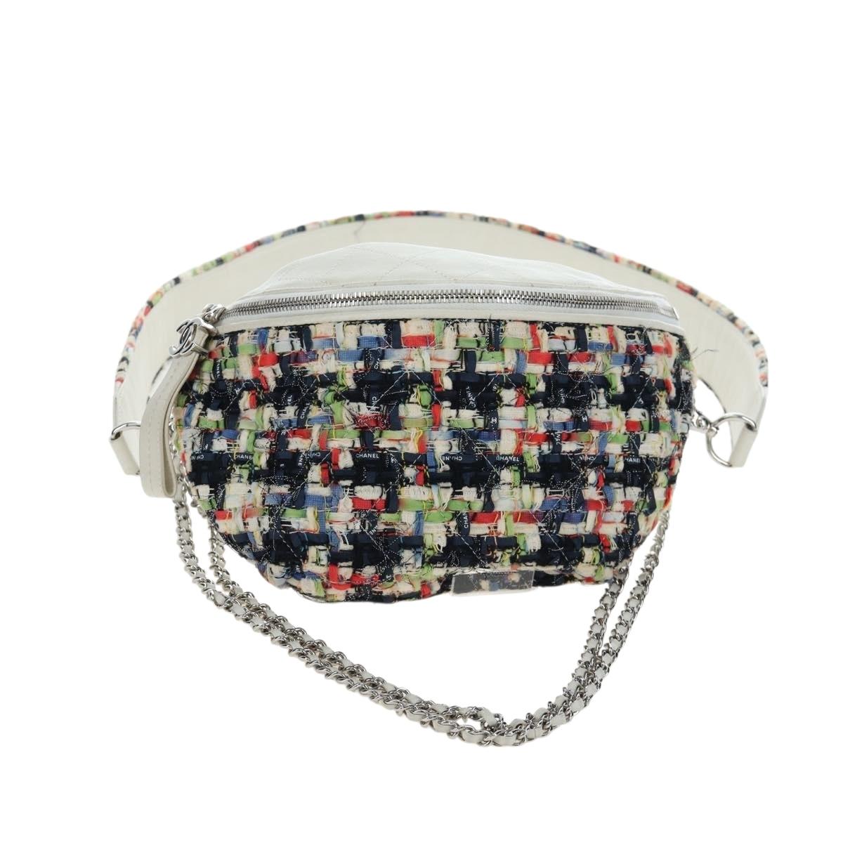 CHANEL Chain Matelasse Shoulder Bag tweed White Silver CC Auth 195515M
