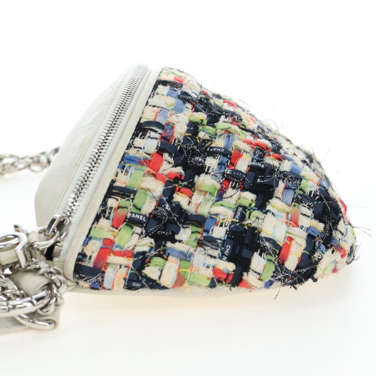 CHANEL Chain Matelasse Shoulder Bag tweed White Silver CC Auth 195515M