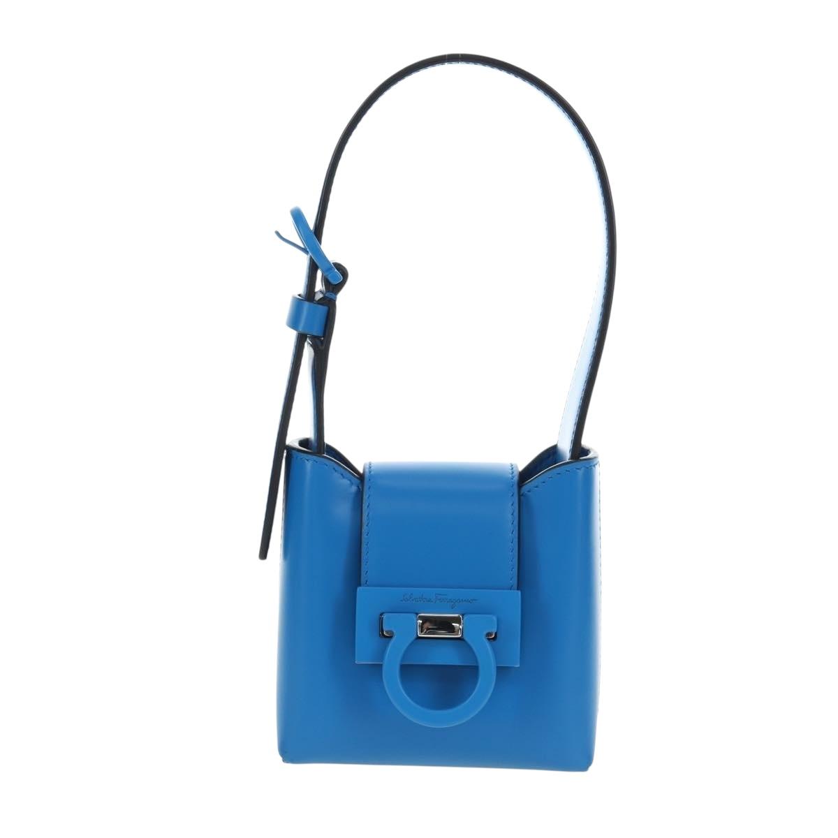 Salvatore Ferragamo Gancini Hand Pouch Leather Blue Silver Auth 195518M
