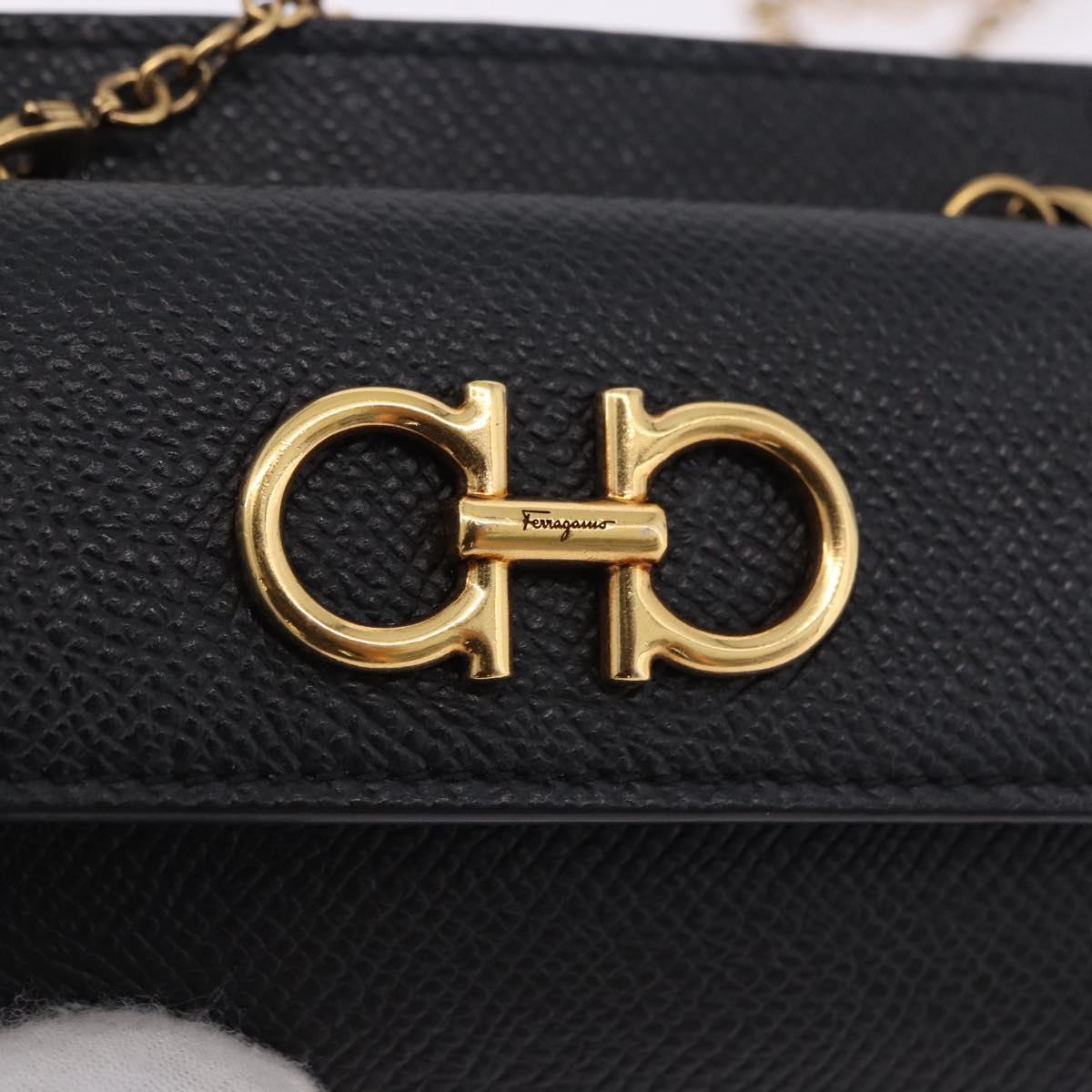 Salvatore Ferragamo Gancini Chain Card Case Leather Black Gold Auth 195519M