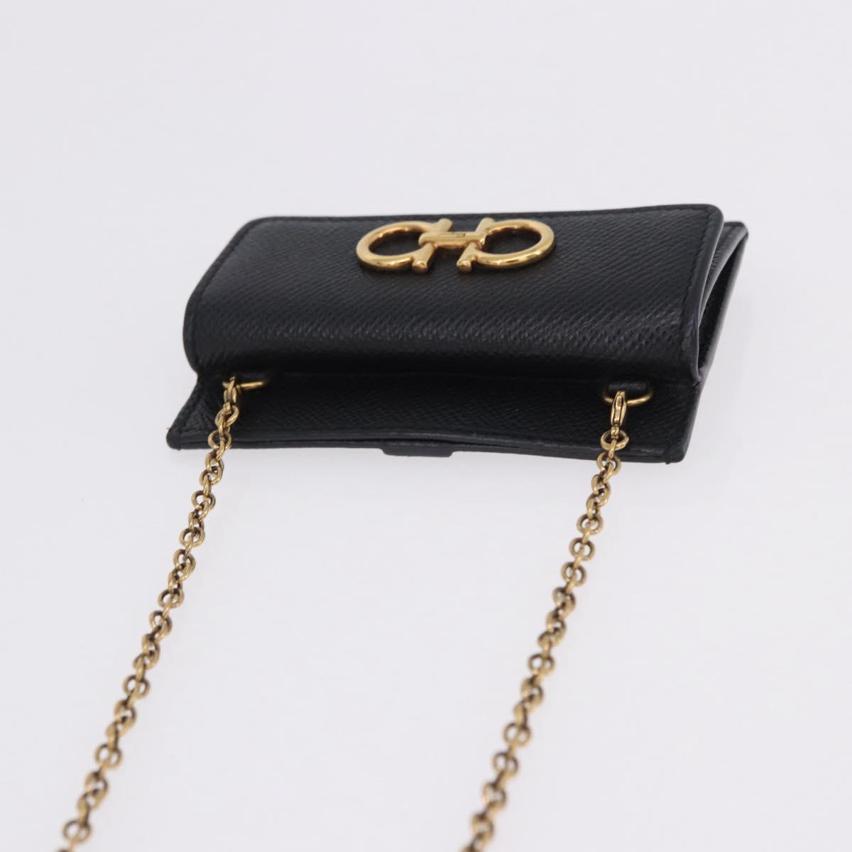 Salvatore Ferragamo Gancini Chain Card Case Leather Black Gold Auth 195519M