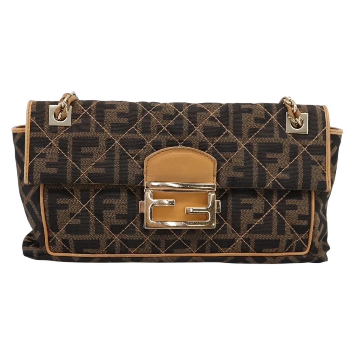 FENDI Zucca Canvas Chain Shoulder Bag Black Brown Auth 195522V
