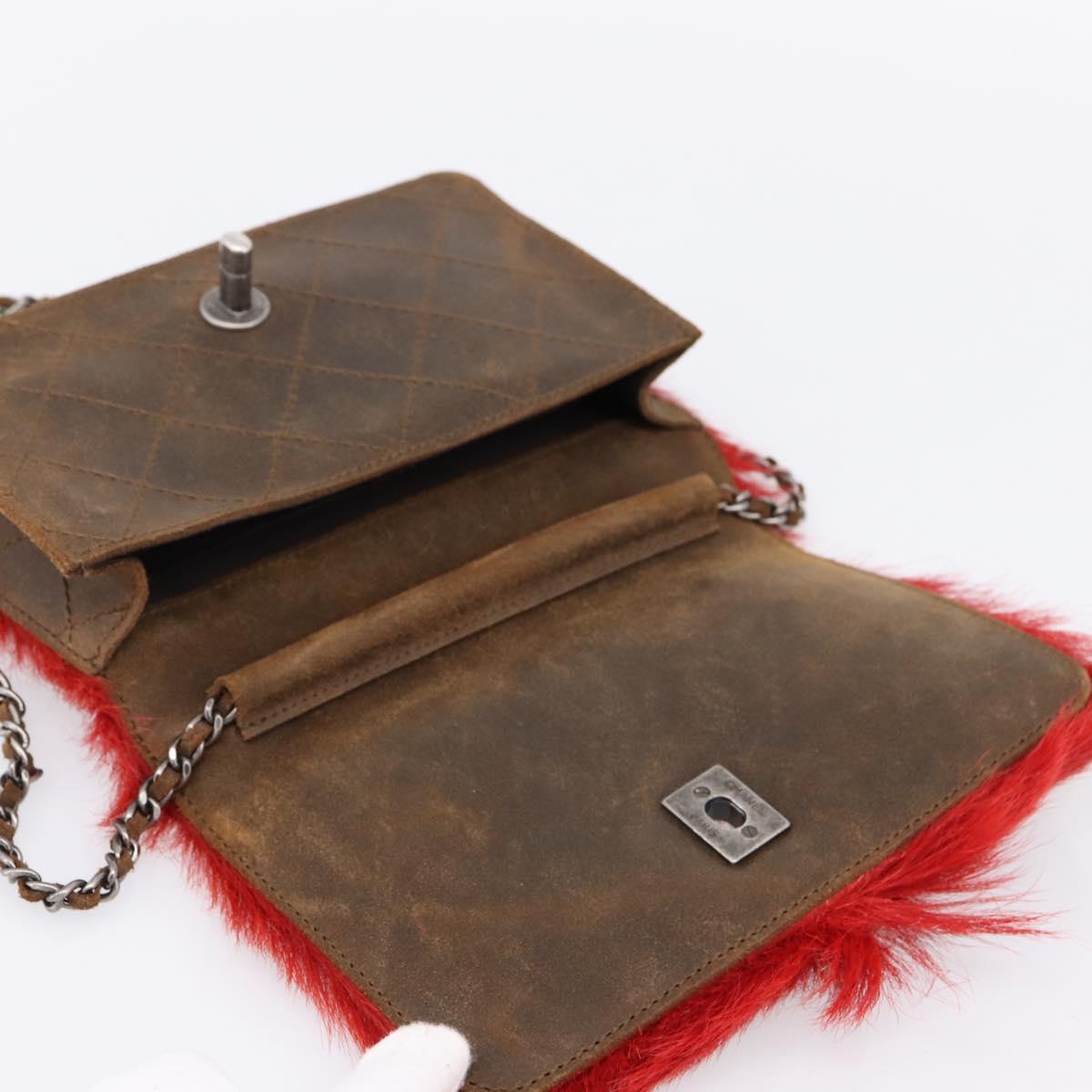 CHANEL Matelasse Chain Shoulder Bag fur Red Silver CC Auth 195526SAM