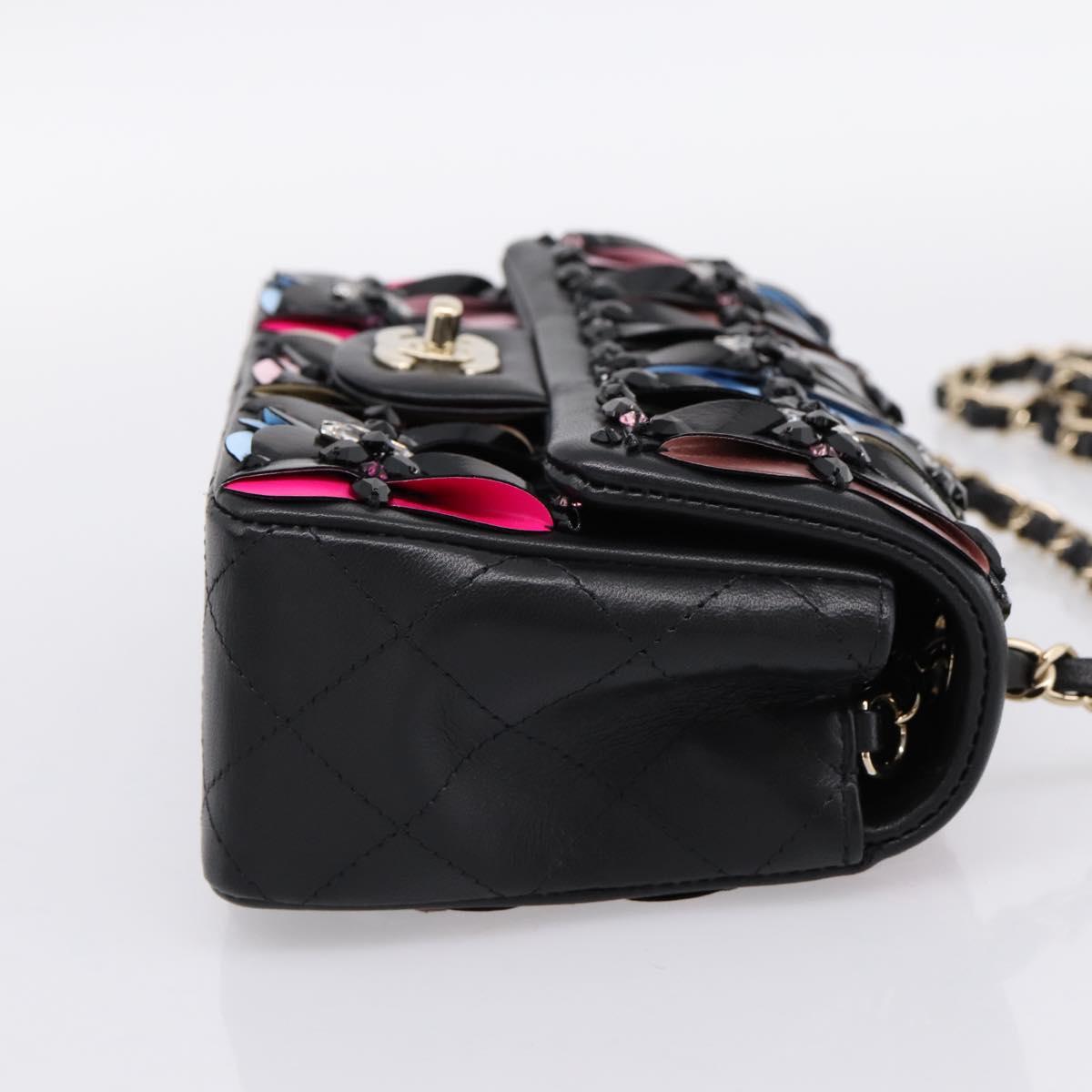 CHANEL Mini Matelasse 20 Chain Bag Lamb Skin Black Gold CC Auth 195535SM