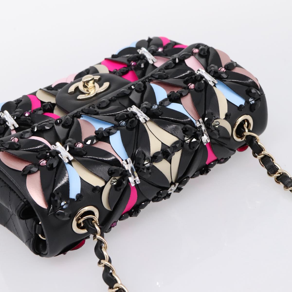 CHANEL Mini Matelasse 20 Chain Bag Lamb Skin Black Gold CC Auth 195535SM