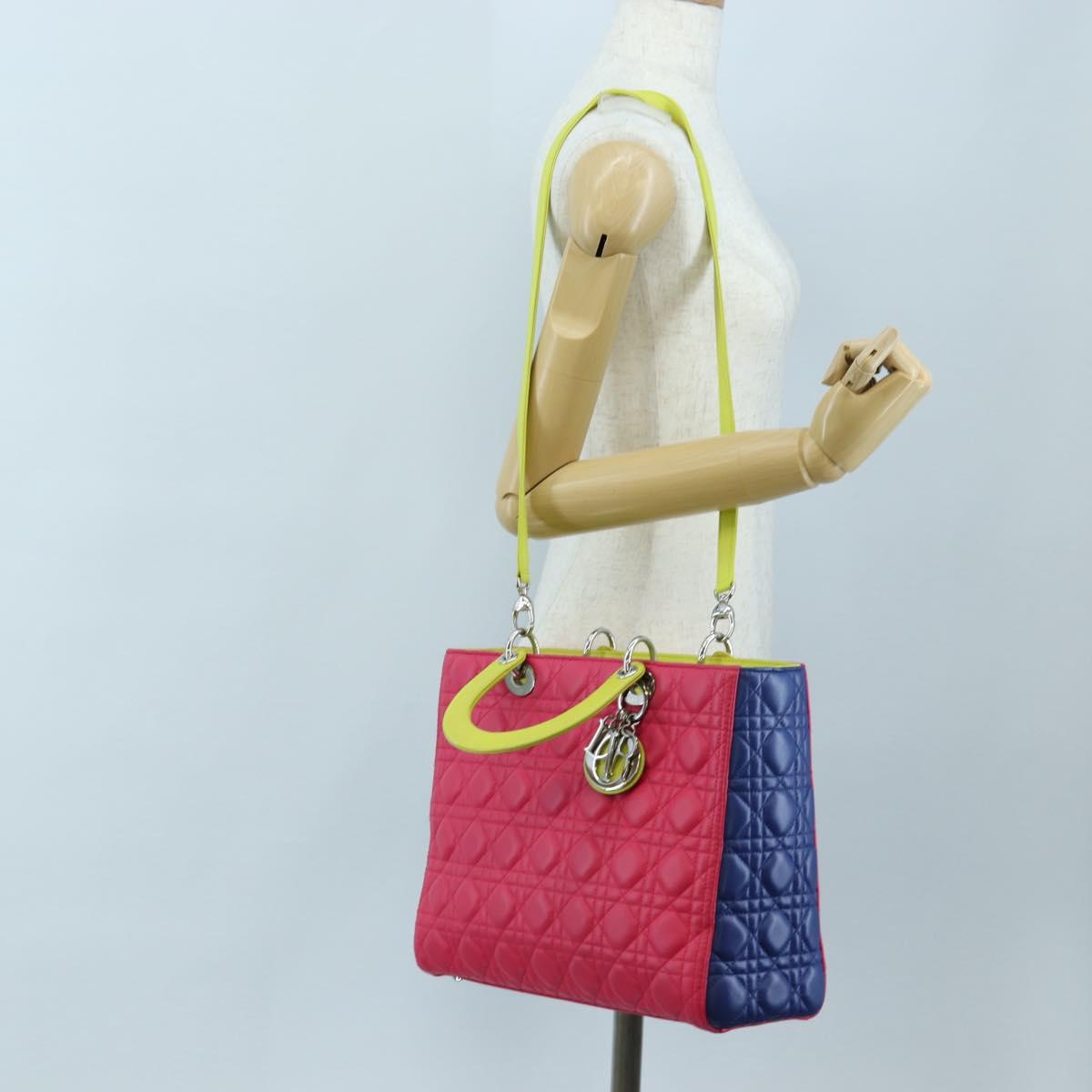 Christian Dior Canage Lady Dior Hand Bag Lamb Skin 2way Pink Silver Auth 195537M