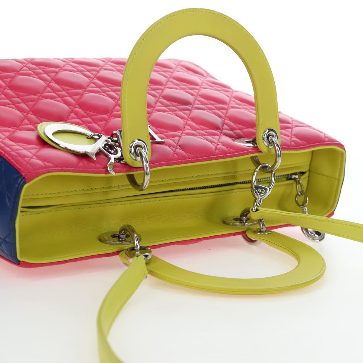 Christian Dior Canage Lady Dior Hand Bag Lamb Skin 2way Pink Silver Auth 195537M