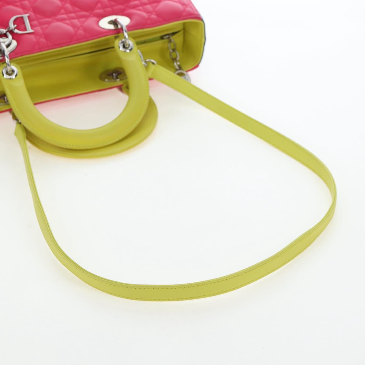 Christian Dior Canage Lady Dior Hand Bag Lamb Skin 2way Pink Silver Auth 195537M