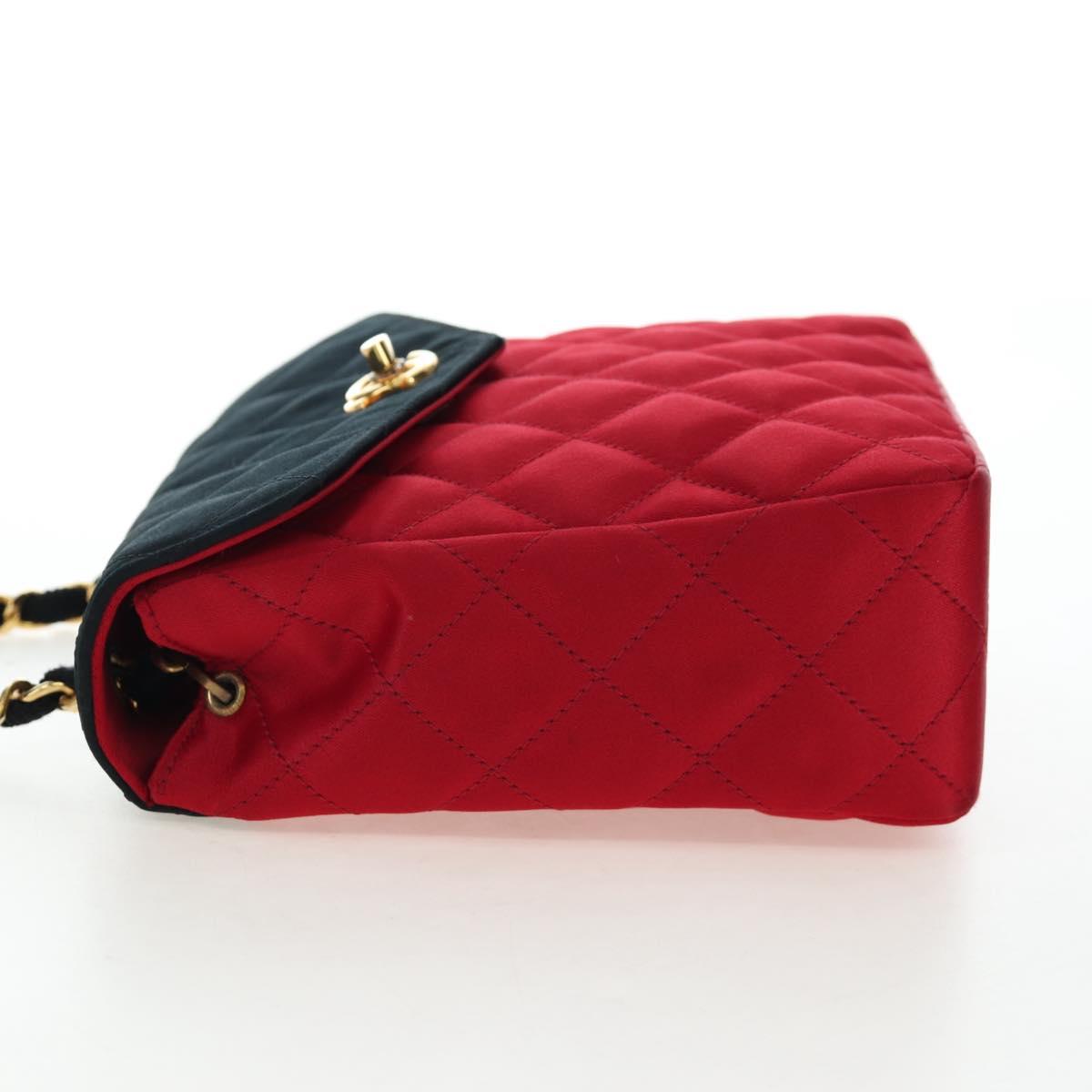 CHANEL Matelasse Chain Shoulder Bag Satin Red Gold CC Auth 195562V