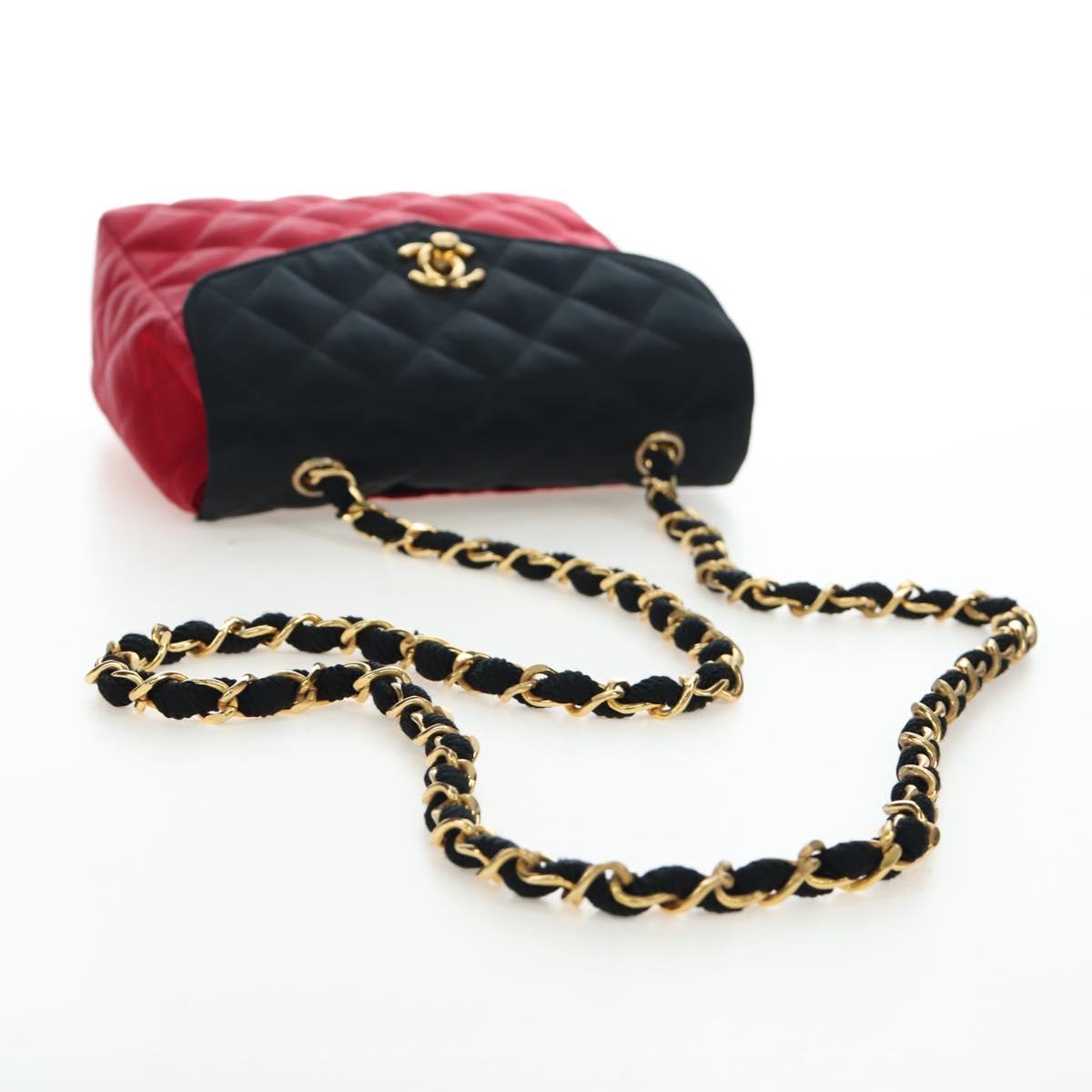 CHANEL Matelasse Chain Shoulder Bag Satin Red Gold CC Auth 195562V
