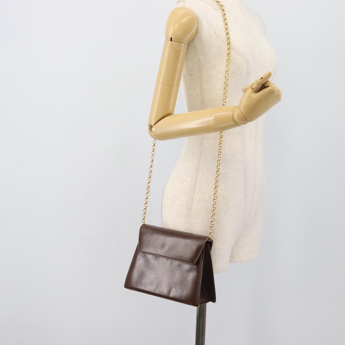 Salvatore Ferragamo Chain Shoulder Bag Leather Dark Brown Gold Auth 195566